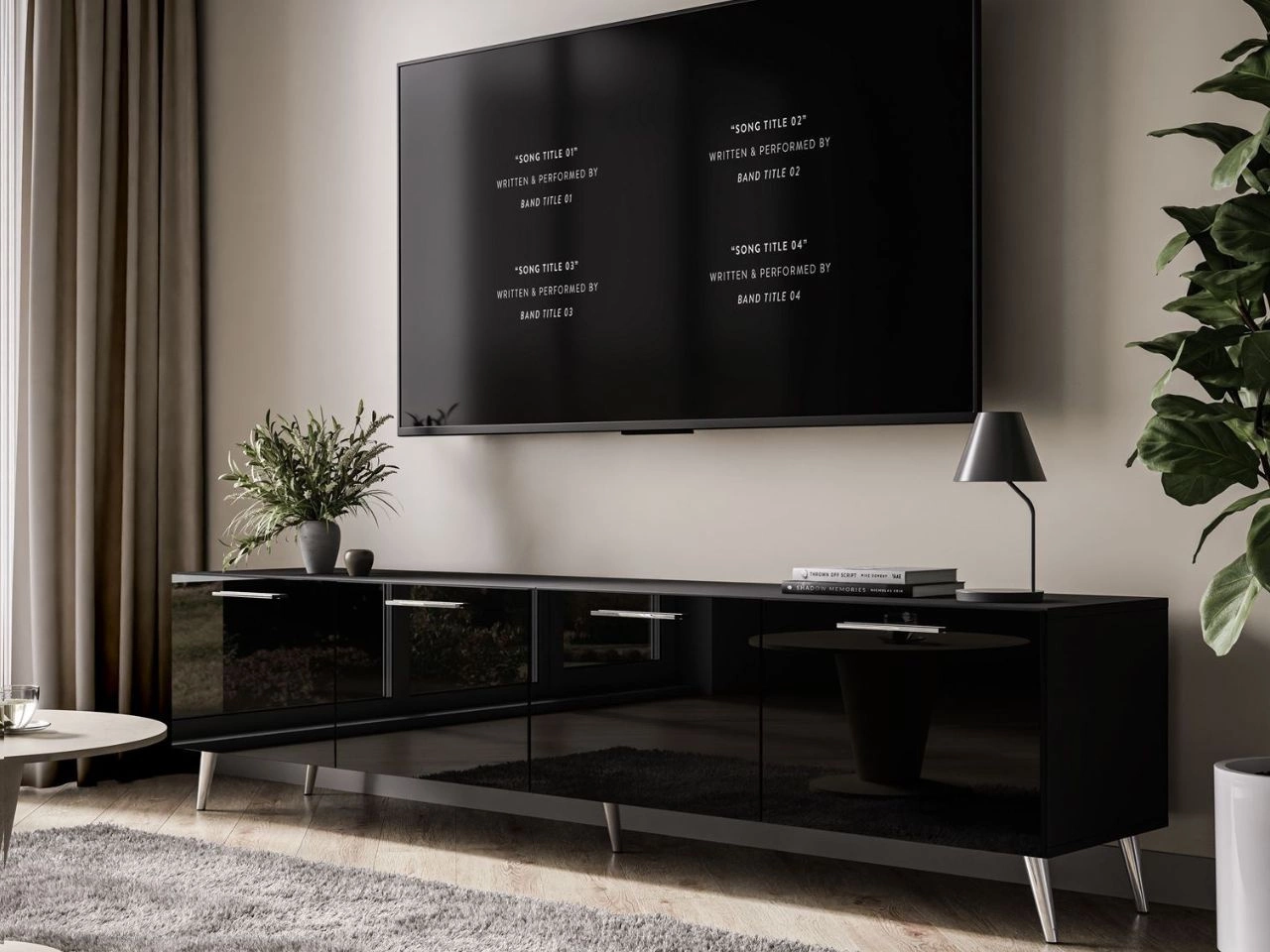 TV-Lowboard mit Türen auf Silbernen Metallbeinen 200 cm Noaé Schwarz Hochglanz