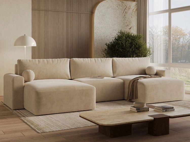 Wohnlandschaft mit Schlaffunktion und Bettkasten Aurora Beige