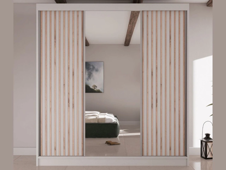 Schiebetürenschrank mit Lamellen und Spiegel 200 cm Lucena Weiß