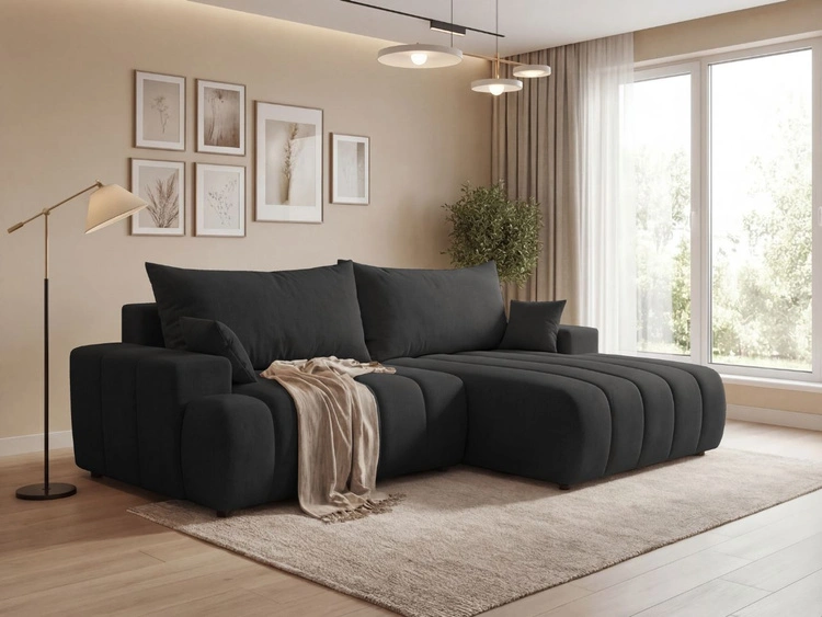 Ecksofa L-Form Rechts mit Schlaffunktion und Bettkasten Caleo Schwarz