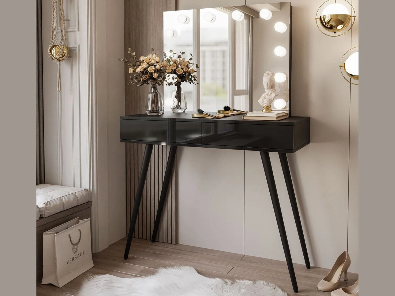 Schminktisch im Glamour-Stil mit Schubladen, Schwarzen Beinen und LED-Beleuchtung Olivine Elite Schwarz Hochglanz