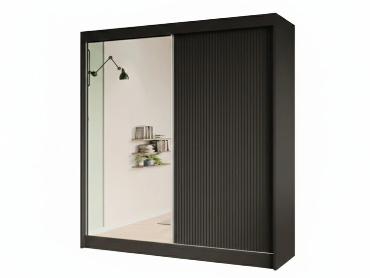 Schiebetürenschrank mit geriffelter Front und Spiegel 200 cm Fano Schwarz
