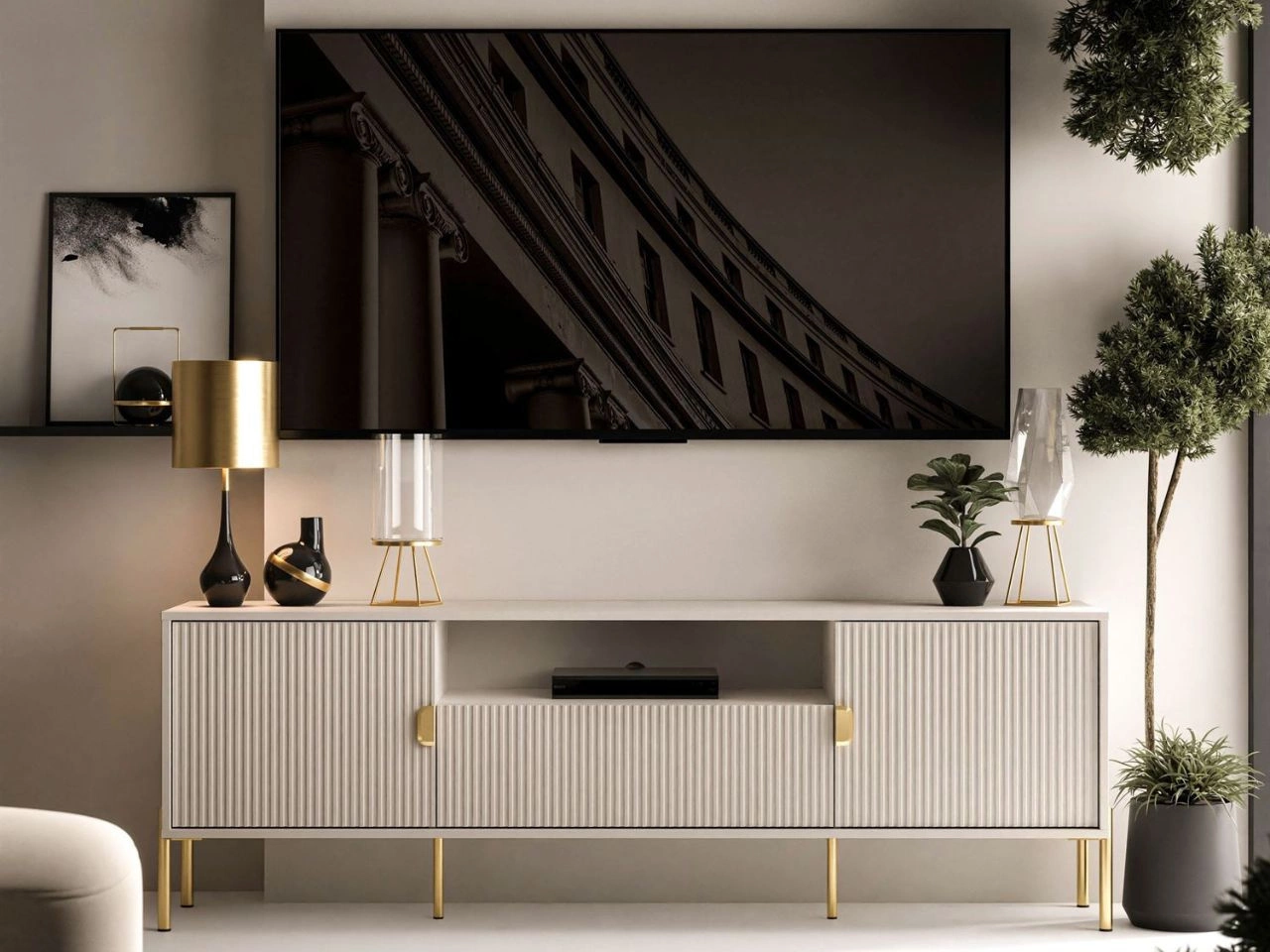 TV-Lowboard breit zweitürig mit Schublade und goldenen Metallfüßen Orlean Kaschmir Matt