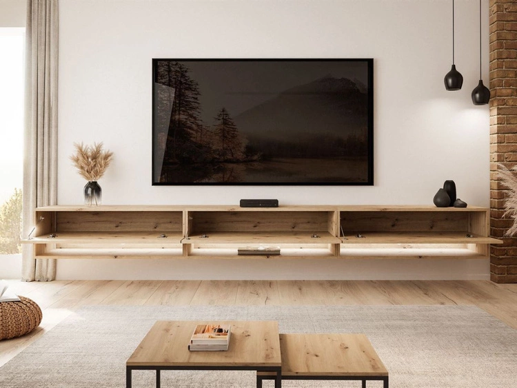 Hänge TV-Schrank 270 cm für Wohnzimmer mit LED-Beleuchtung Aurelie Artisan Eiche