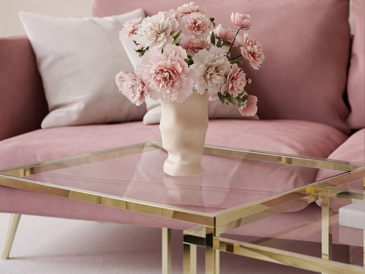 Couchtisch auf goldenem Gestell und transparenter Glasplatte Asumi 35x41