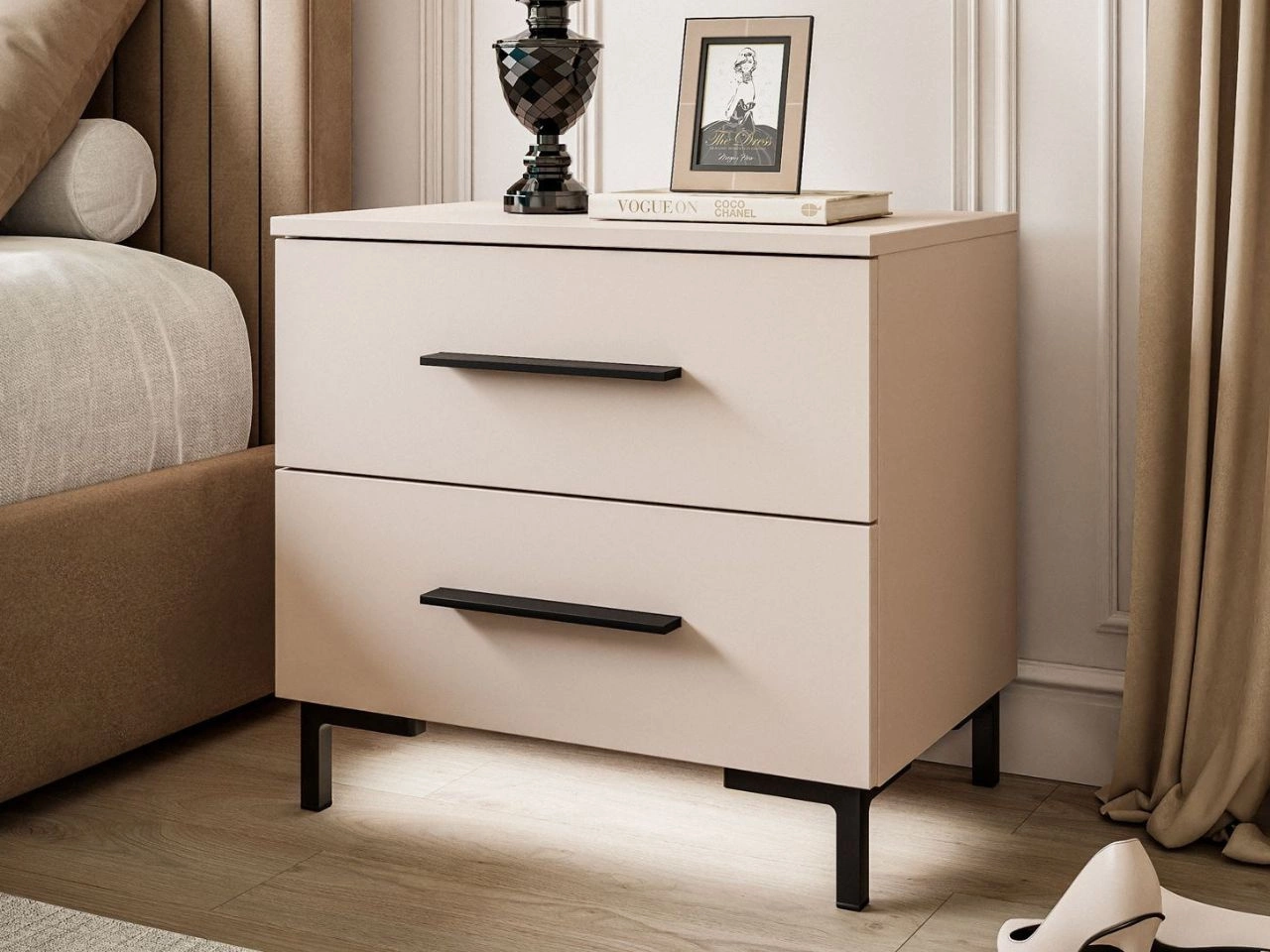 Nachttisch mit zwei Schubladen auf Schwarzen Beinen Nuveo Kaschmir