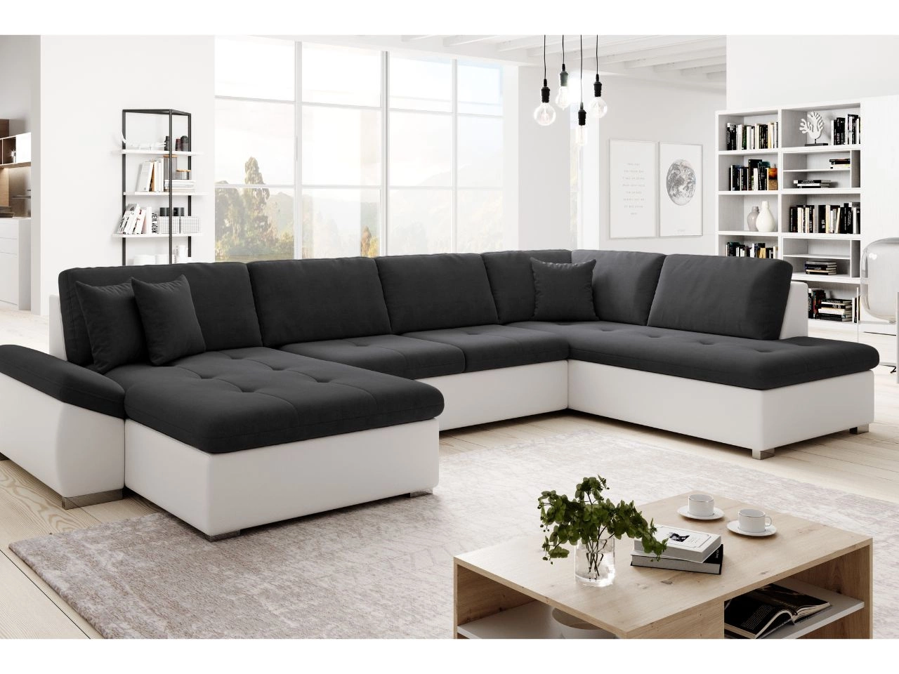 Wohnlandschaft mit Schlaffunktion Rechts Moni U Schwarz, Weiß