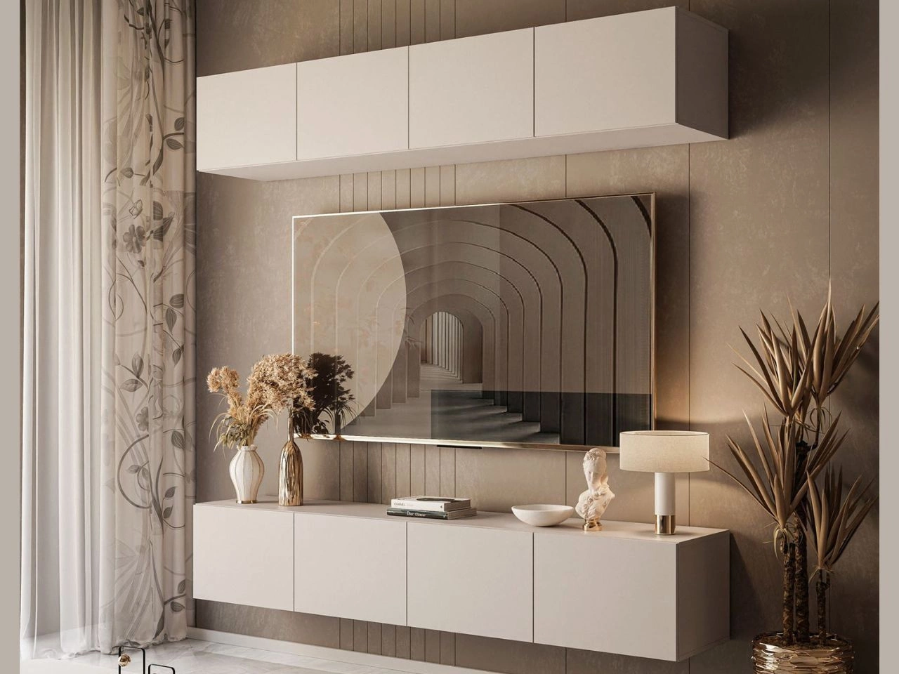 Hängende Wohnwand für das Wohnzimmer mit LED-Beleuchtung Nodoo Kaschmir