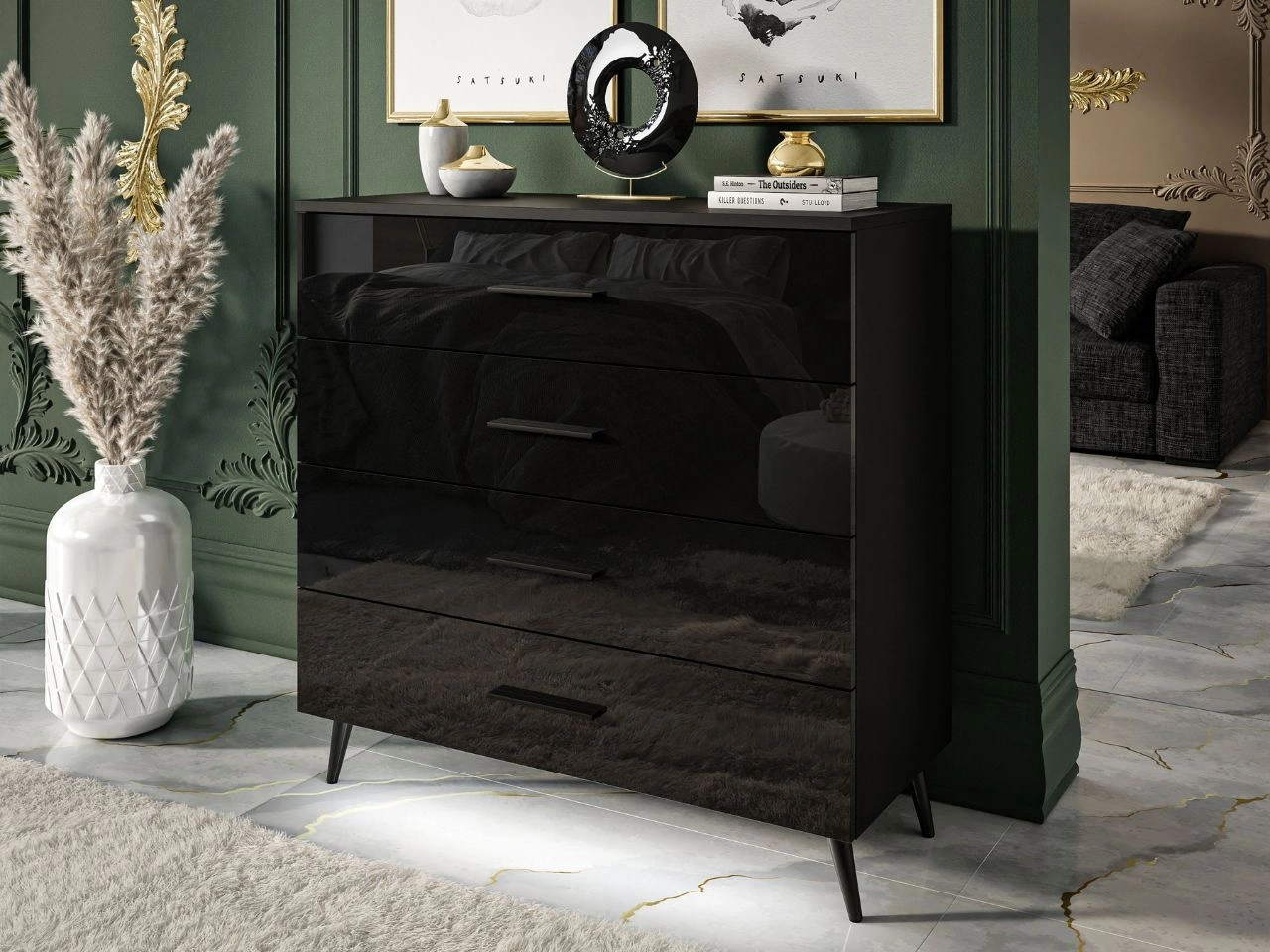 Kommode mit vier Schubladen und LED-Beleuchtung auf Schwarzen Metallbeinen Nuveo Schwarz Hochglanz