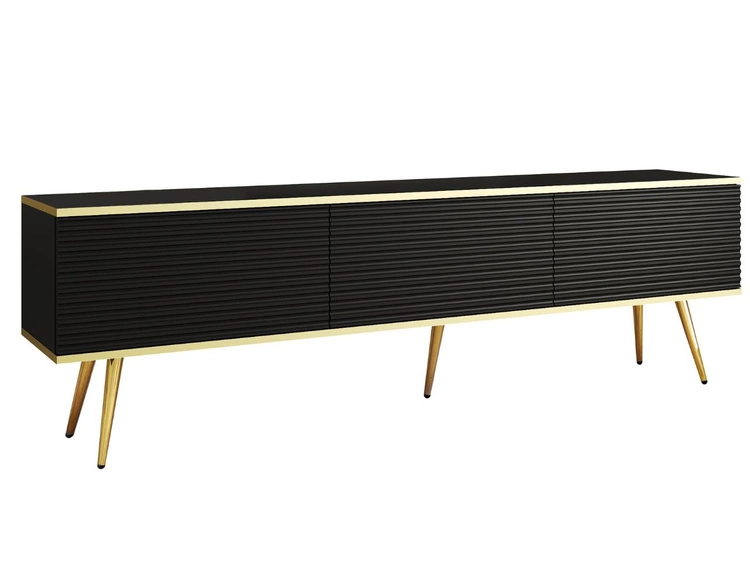 TV-Lowboard mit Türen 175 cm Diolo Schwarz mit geriffelter Vorderseite auf goldenen Beinen
