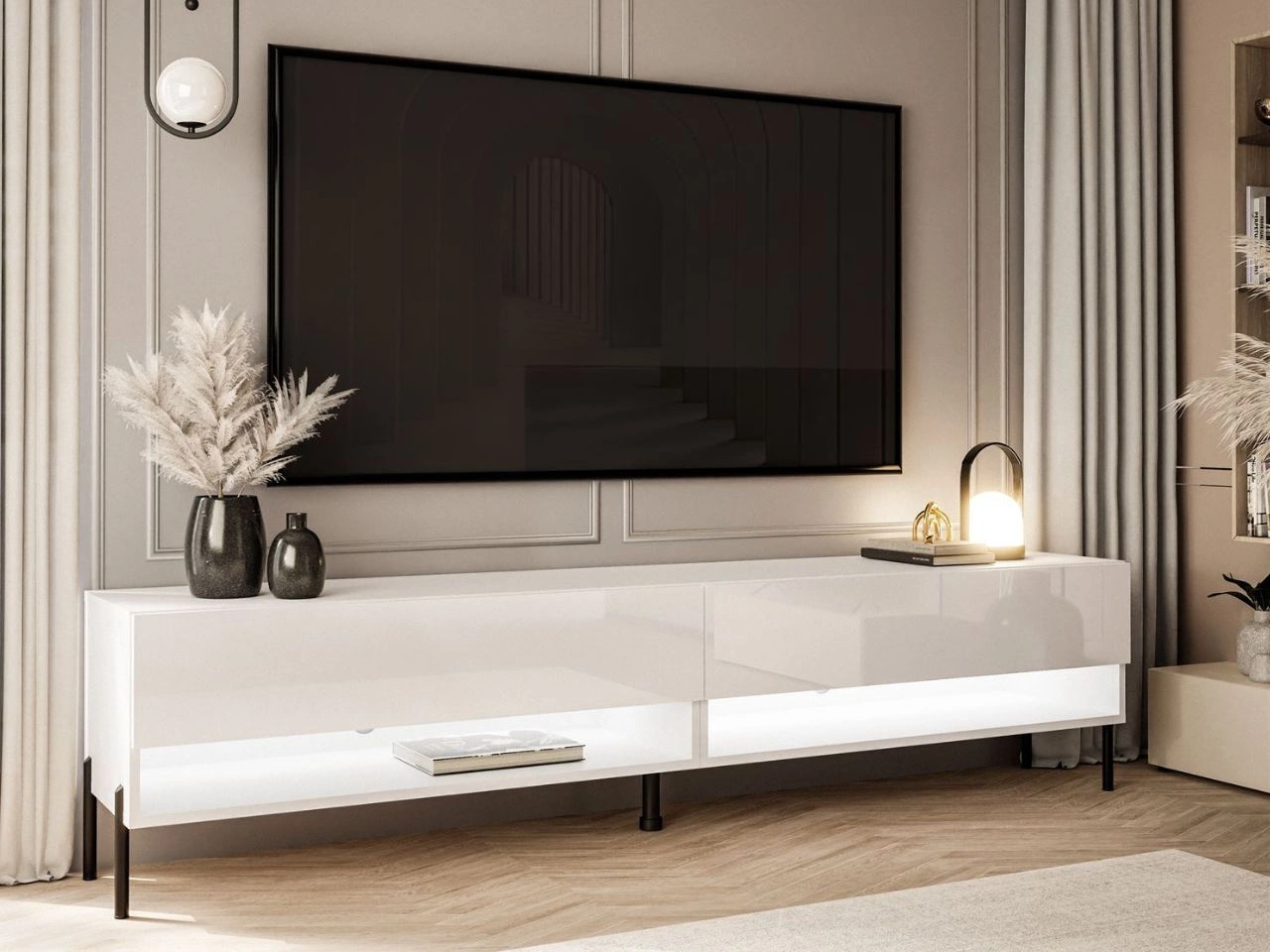 TV-Schrank für das Wohnzimmer 180 cm mit schwarzen Metallbeinen und LED-Beleuchtung Aurelie Weiß Hochglanz
