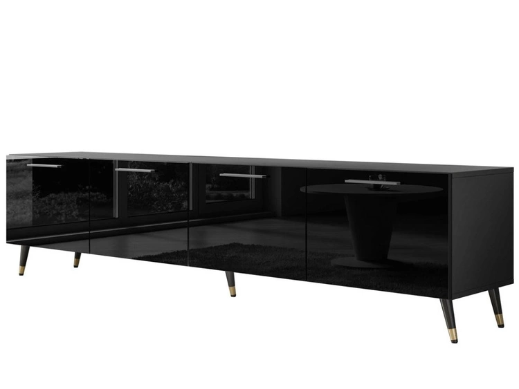 TV-Lowboard mit Türen und LED-Beleuchtung auf Schwarz-Goldenen Metallbeinen 200 cm Noaé Schwarz Hochglanz