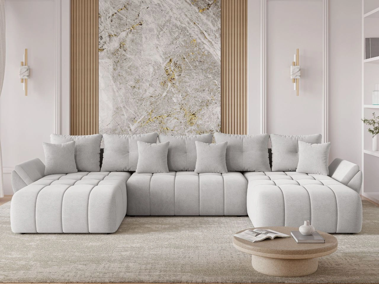 Wohnlandschaft mit Schlaffunktion und Bettkasten Decor U Hellgrau