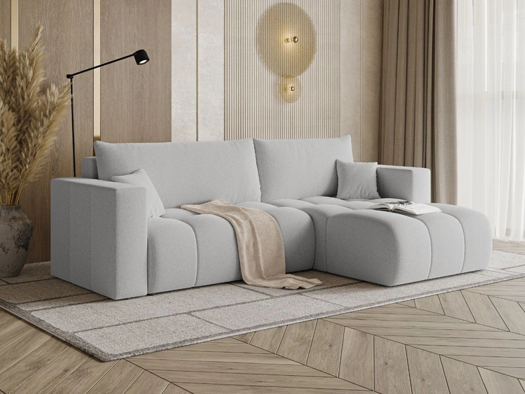 Ecksofa L-Form mit Schlaffunktion und Bettkasten Neva Bouclé-Stoff Grau