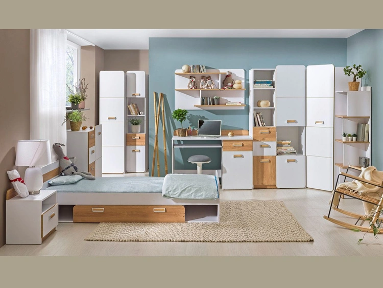 Bücherregal mit Schublade für ein Teenagerzimmer Lindo Weiß, Nash Eiche