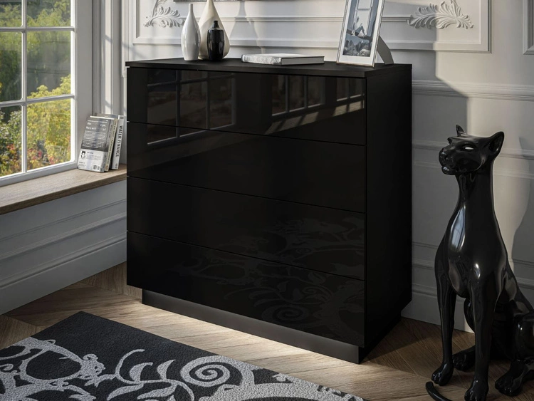 Kommode mit vier Schubladen und LED-Beleuchtung Nuveo Schwarz Hochglanz