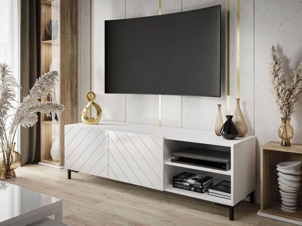 TV-Schrank im Glamour-Stil mit gefrästen Fronten und schwarzen Beinen Vionel Weiß glänzend