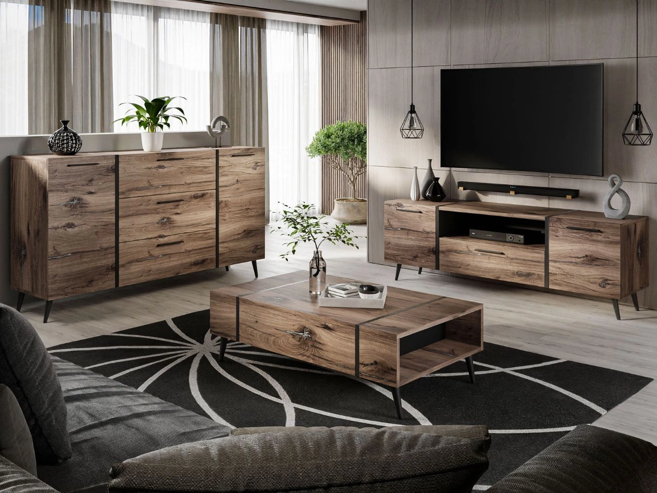 Wohnzimmer-Set im Loft-Stil auf Beinen Lunelie Eiche Flagstaff