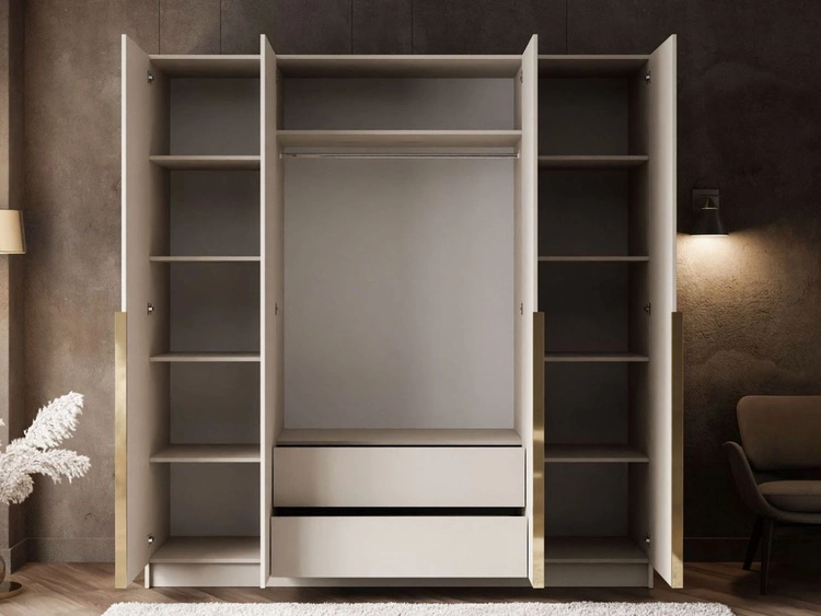 Viertüriger Kleiderschrank mit Drehtüren, goldfarbenen Griffen, Schubladen und Spiegeln Ameli Kaschmir