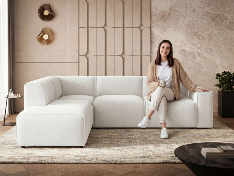 Ecksofa L-Form Links Eluno Bouclé-Stoff Weiß