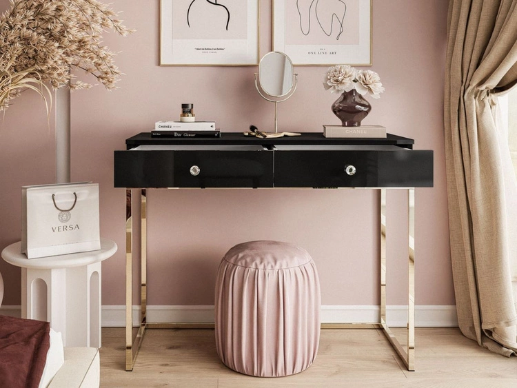 Konsolentisch mit Schubladen, goldenem Gestell und Kristallgriffen Brisa Schwarz Hochglanz