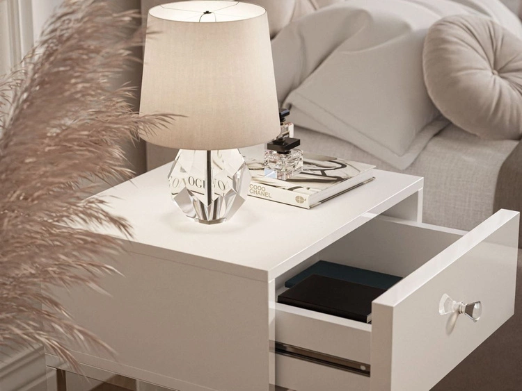 Nachttisch Glamour mit Schublade und silbernen Gestell Brisa Weiß Hochglanz