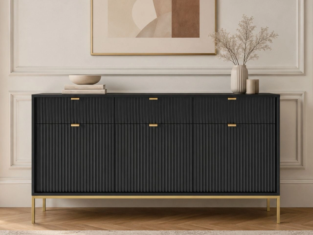 Kommode mit Türen und Schubladen Amber Schwarz, Gold Frame