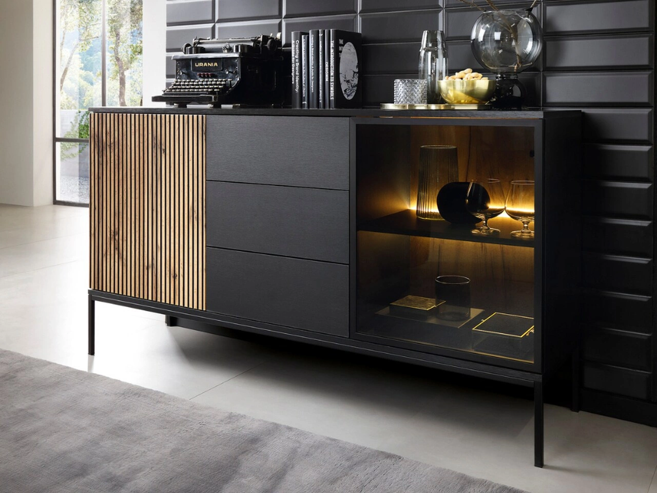 Kommode mit Türen und Schubladen Deo Schwarz, Eiche Wotan