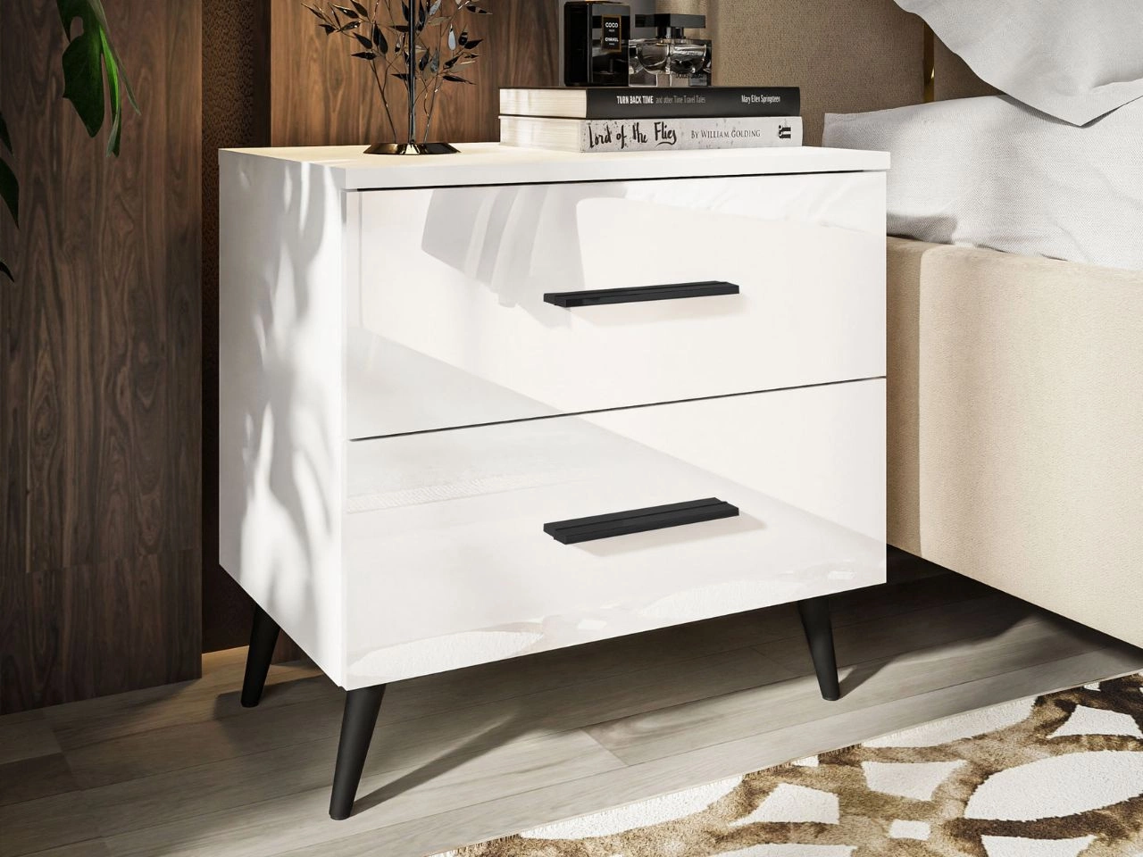Nachttisch mit Schubladen auf Schwarzen Metallbeinen Nuveo Weiß Hochglanz