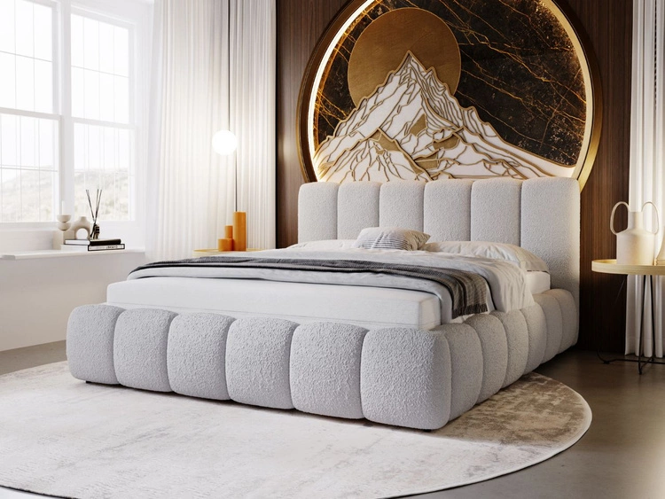 Polsterbett ohne Bettkasten mit Lattenrost 140x200 Cloud aus Bouclé-Stoff Hellgrau