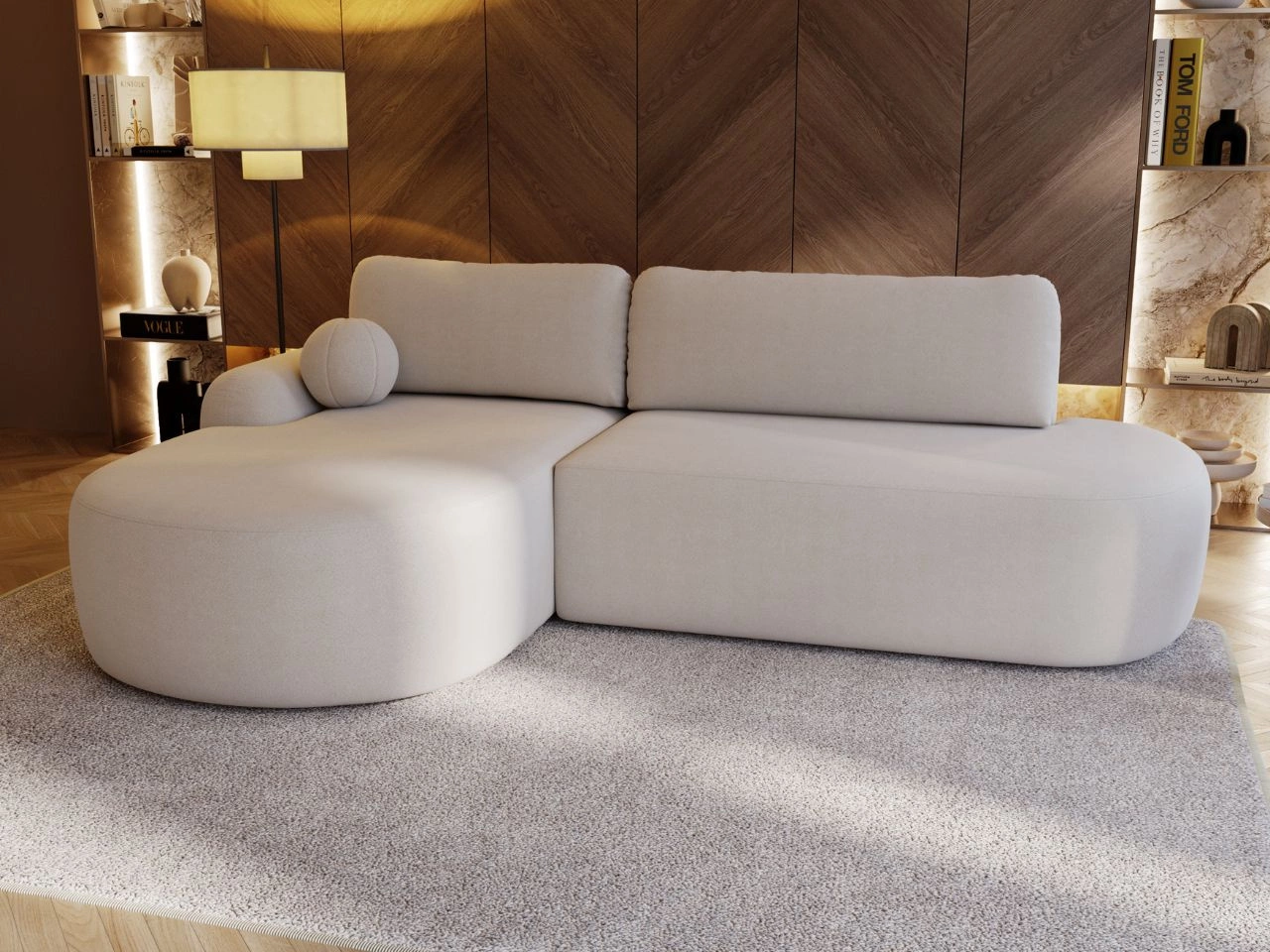Ecksofa L-Form Links mit Schlaffunktion und Bettkasten Aurio O Creme