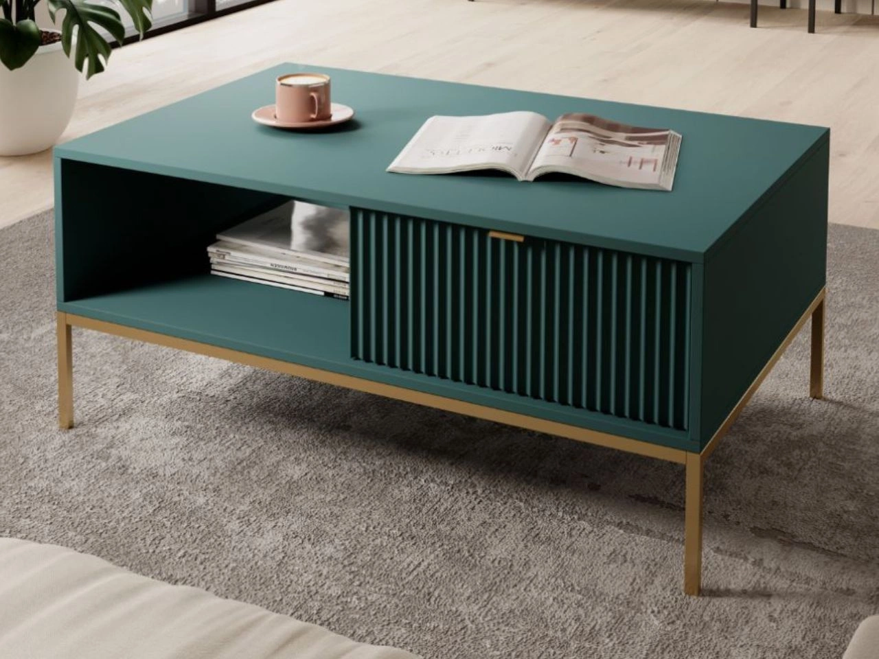 Couchtisch mit Stauraum Amber Grün, Gold Frame
