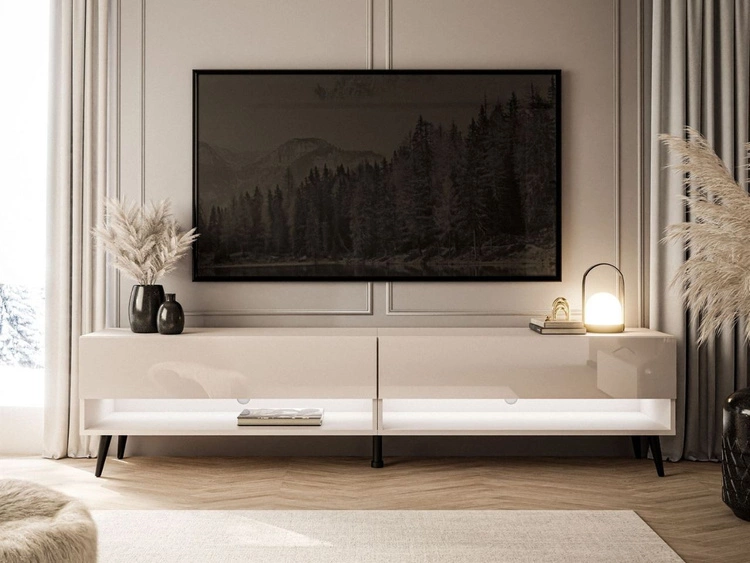 TV-Schrank für das Wohnzimmer 180 cm mit schwarzen Beinen und LED-Beleuchtung Aurelie Kaschmir Hochglanz