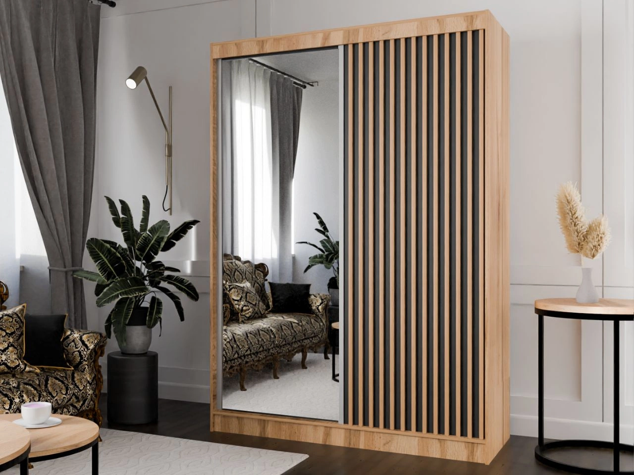 Schiebetürenschrank mit Spiegel und Lamellen 150 cm Loreto Handwerk Goldene Eiche, Schwarz