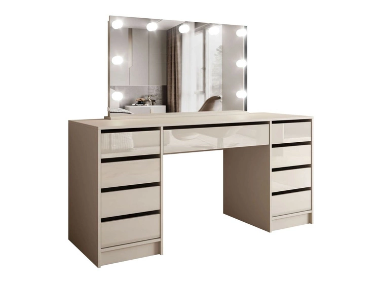 Breiter Schminktisch mit Spiegel, Schubladen und LED-Beleuchtung Melo Elite Kaschmir Hochglanz