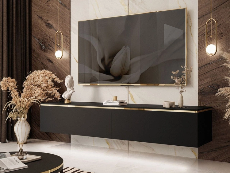 Hänge TV-Schrank 180 cm Glamour mit LED-Beleuchtung für Wohnzimmer Evare Schwarz matt