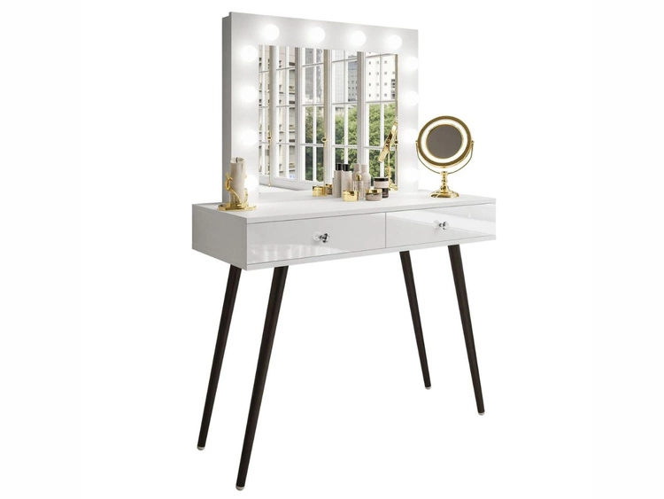 Schminktisch glamour mit Schubladen, schwarzen Beinen und LED-Beleuchtung Olivine Weiß Hochglanz