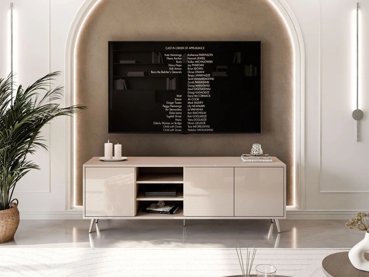 TV-Lowboard mit Türen auf silbernen Füßen Vivance, Kaschmir Hochglanz