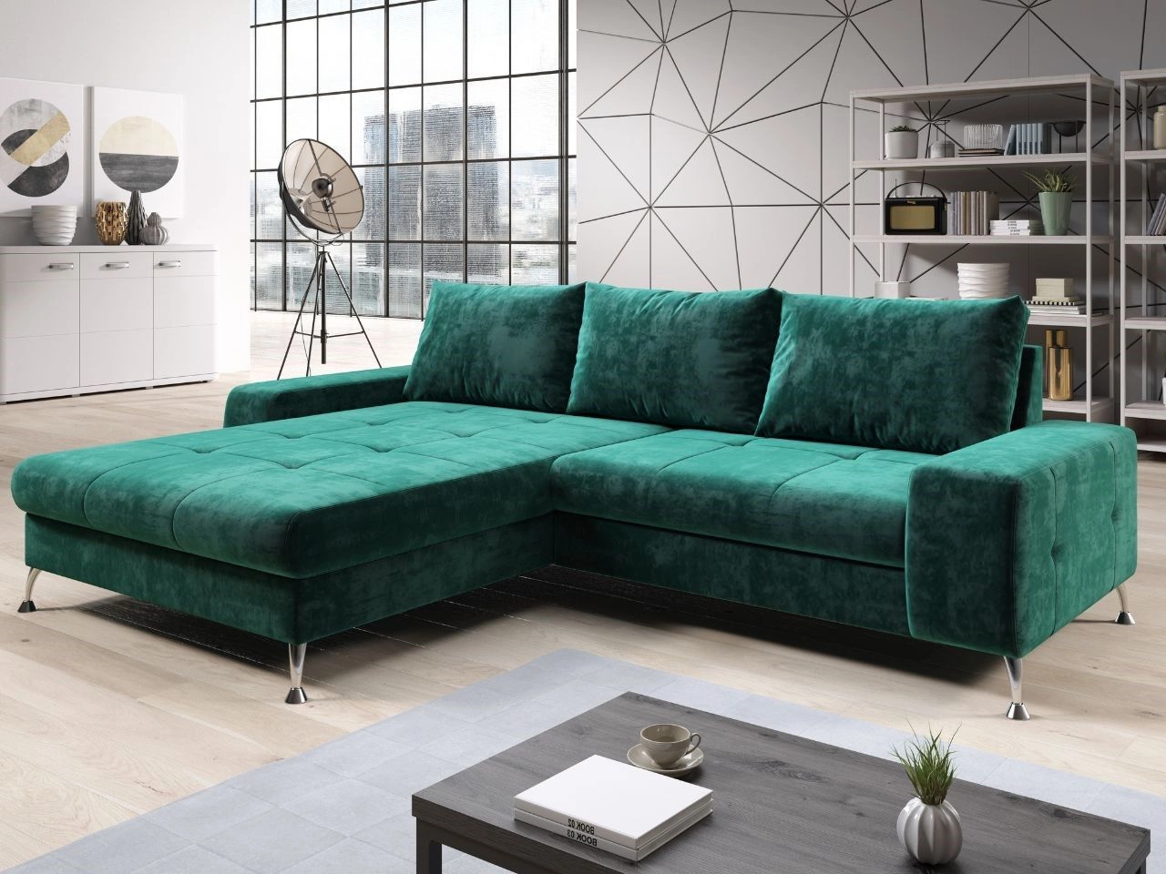 Ecksofa L-Form Links mit Schlaffunktion und Bettkasten Tonny Grün