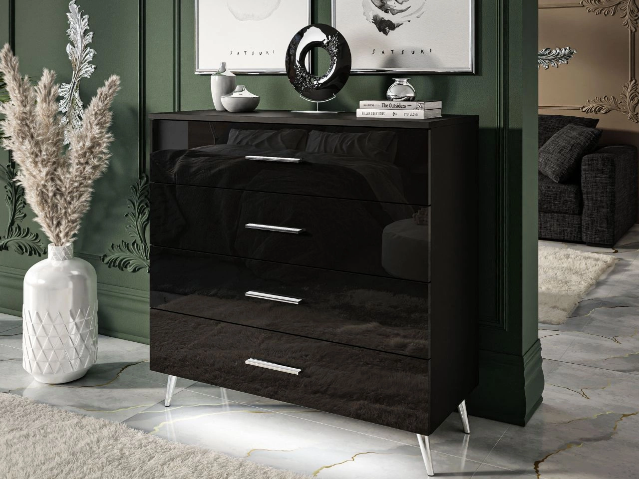 Kommode mit vier Schubladen und LED-Beleuchtung auf Silbernen Metallbeinen Nuveo Schwarz Hochglanz
