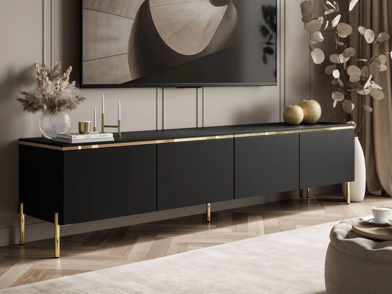 TV-Lowboard im Glamour-Stil mit LED-Beleuchtung Celle, schwarz matt