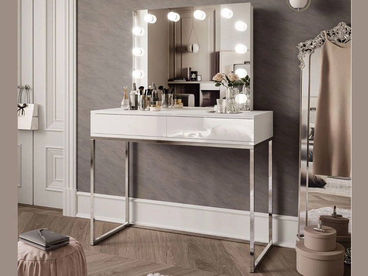 Schminktisch  Glamour mit Schubladen, Spiegel und LED-Beleuchtung Brisa Weiß Hochglanz