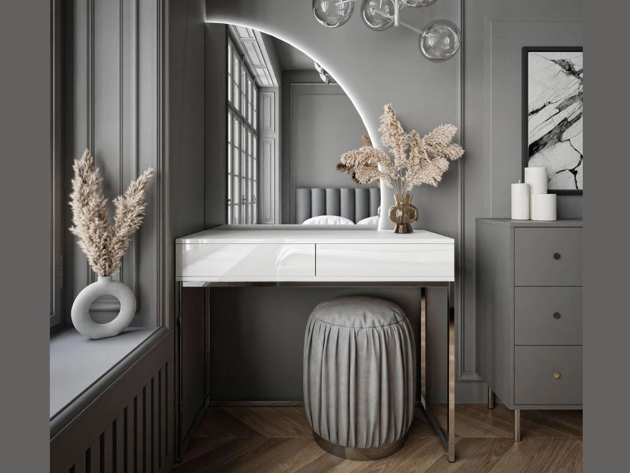 Kosmetiktisch  rechtsseitig mit Schubladen und LED-Beleuchtung auf silbernen Beinen Clarette Weiß Hochglanz