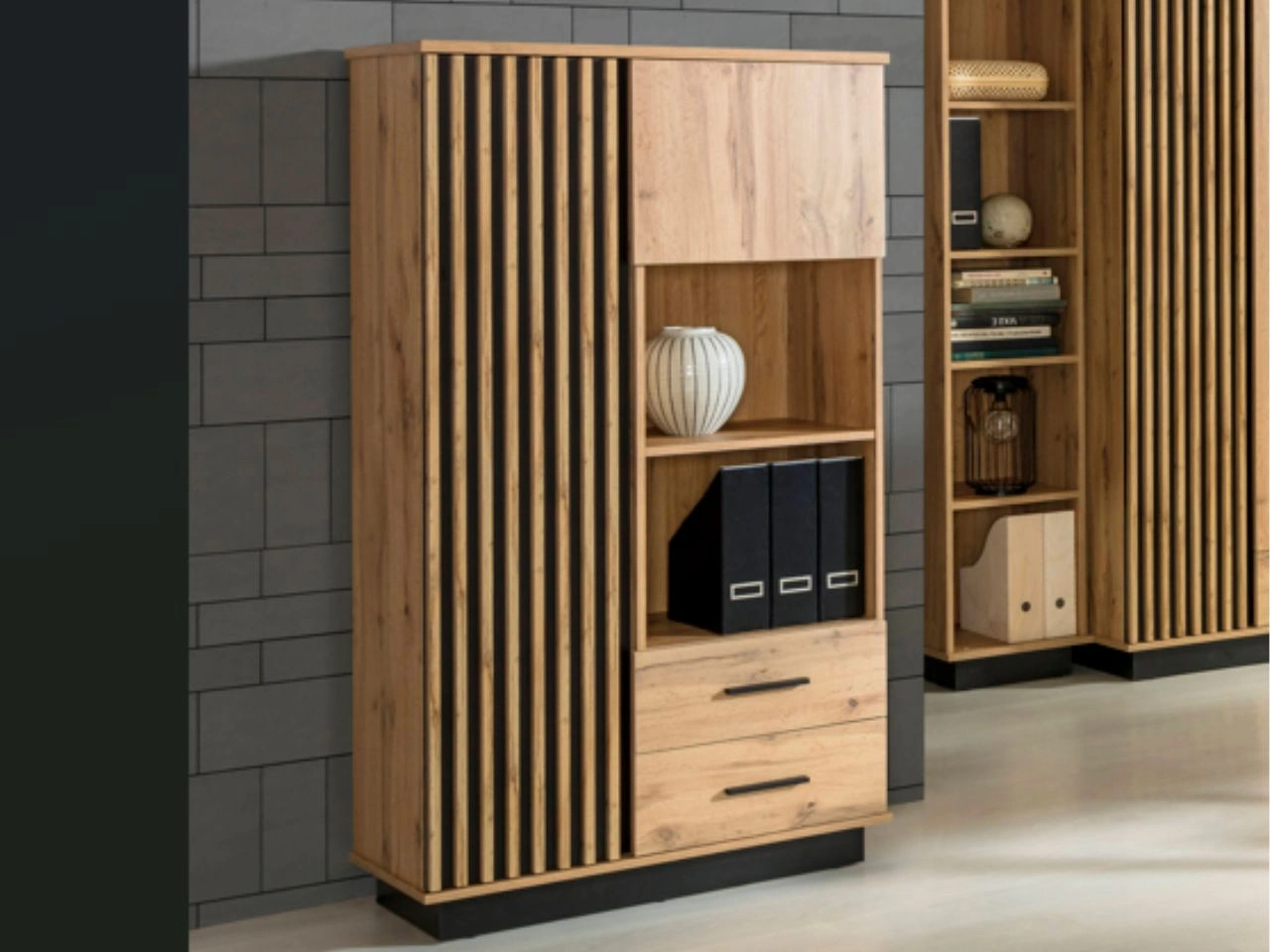 Standregal mit Schubladen für das Wohnzimmer Lavore Wotan Eiche, Schwarz matt