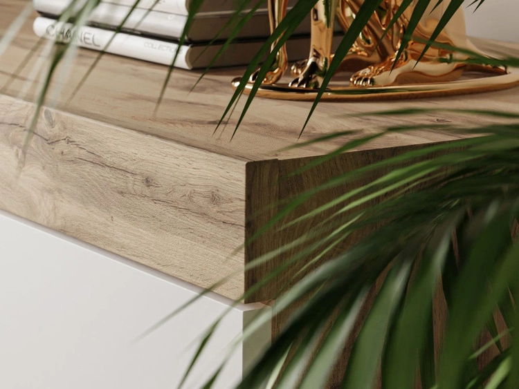 TV-Lowboard Asumi mit Türen und Schublade – Weiß matt und Eiche Wotan