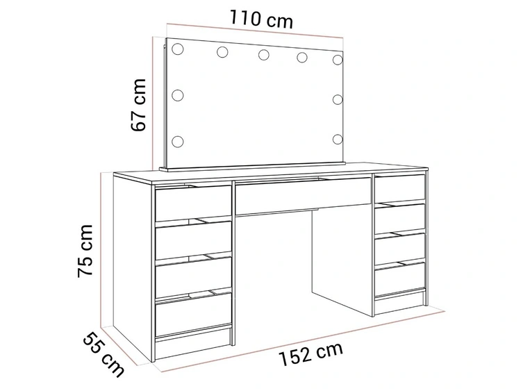 Breiter Schminktisch mit Spiegel, Schubladen und LED-Beleuchtung Melo Elite Weiß Hochglanz