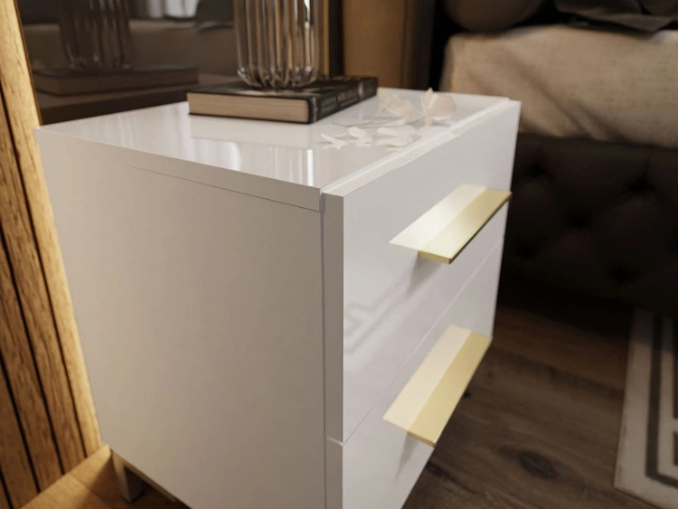 Nachttisch mit zwei Schubladen auf Goldenen Beinen Nuveo Lux Weiß Hochglanz