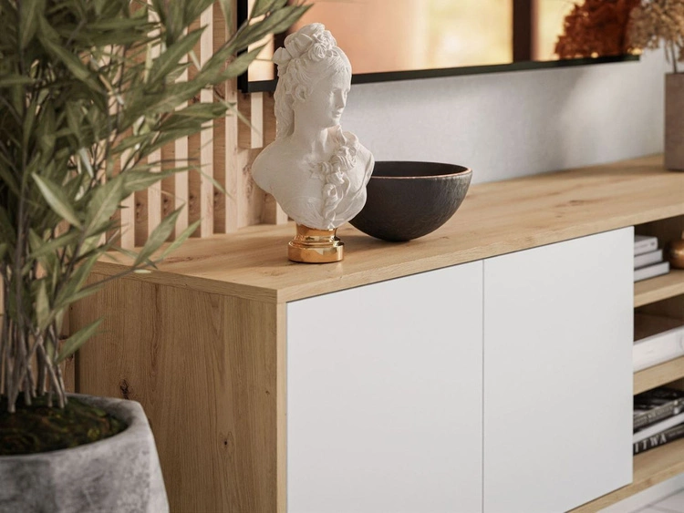 TV-Lowboard mit Türen auf weißem Gestell Vivance Weiß und Artisan Eiche