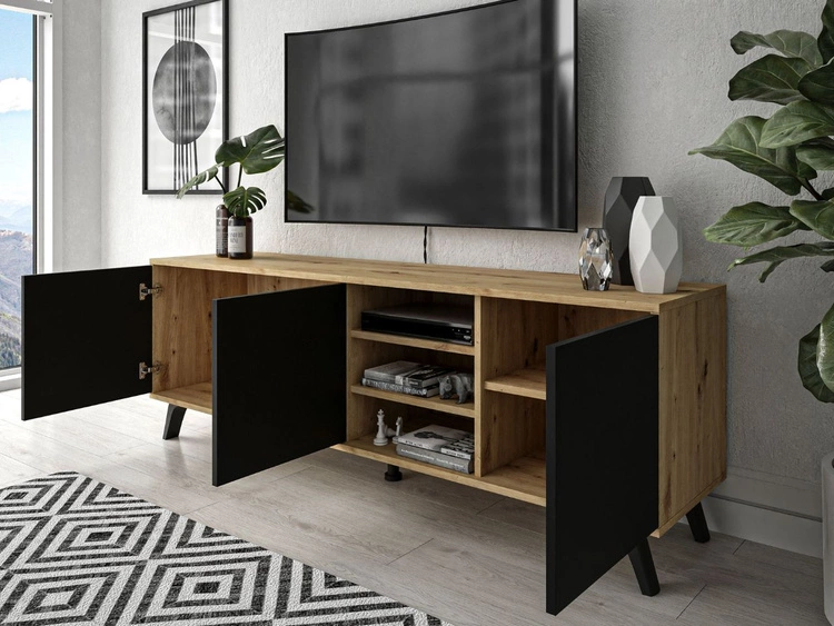 TV-Lowboard mit Türen und schwarzen Beinen Vivance Schwarz und Eiche Artisan