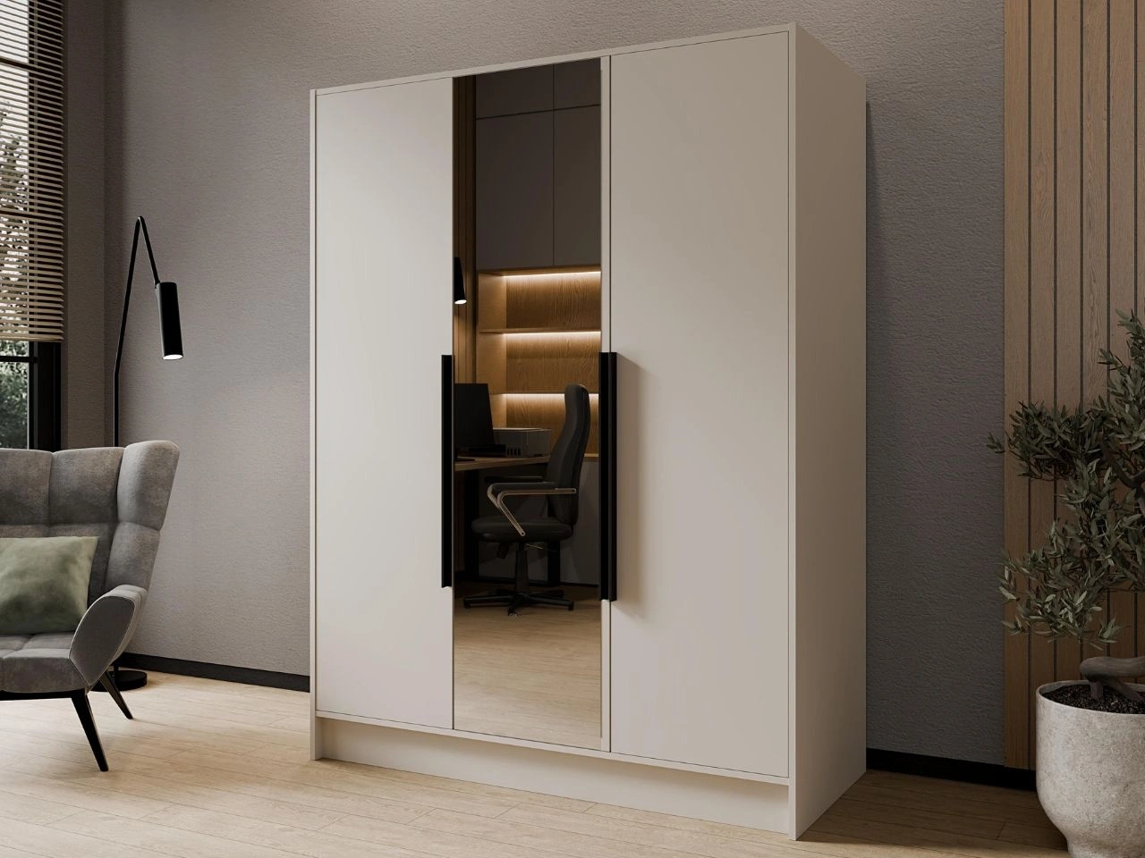 Kleiderschrank mit Spiegel 150 cm Lucca Kaschmir mit schwarzen Griffen